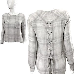 Anthropologie Cloth & Stone Plaid Lace Up Back High Low Top Gray S Boho Casual